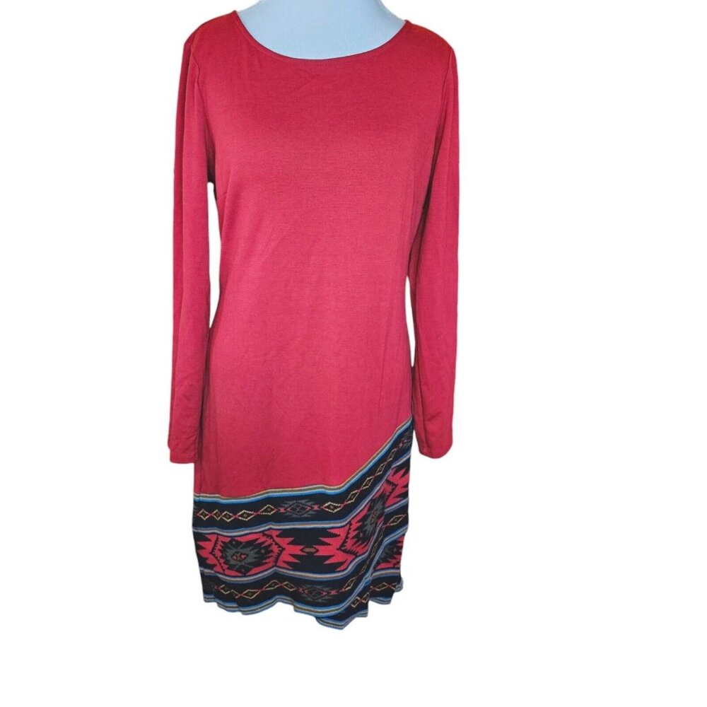 Spense Womens 12 Burnt Red Dress Ponte Knit Aztec Knit Longsleeve Knee Length
